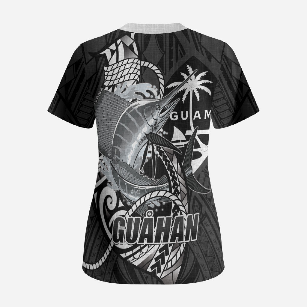 Guam Blue Marlin Fishing Scrub Top Guahan Fish Hook Tattoo Black Version LT14 - Polynesian Pride