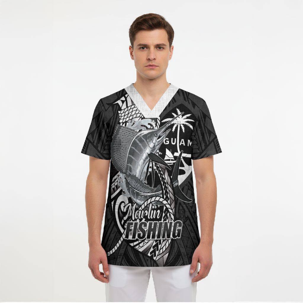 Guam Blue Marlin Fishing Scrub Top Guahan Fish Hook Tattoo Black Version LT14 - Polynesian Pride