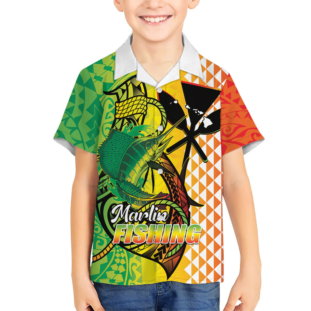 Hawaii Blue Marlin Fishing Kid Hawaiian Shirt Hawaiian Kanaka Kakau Reggae LT14 Kid Reggae - Polynesian Pride