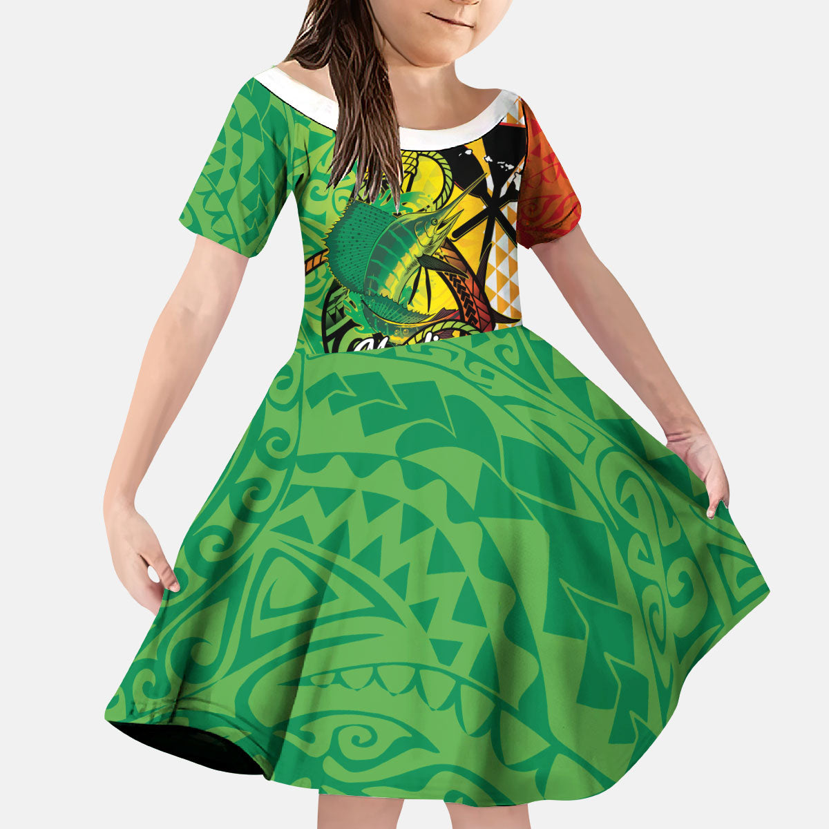 Hawaii Blue Marlin Fishing Kid Short Sleeve Dress Hawaiian Kanaka Kakau Reggae LT14 KID Reggae - Polynesian Pride