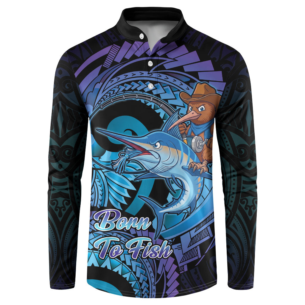 Personalised Blue Marlin Fishing New Zealand Button Sweatshirt NZ Kiwi Cowboy Born To Fish LT14 Purple - Polynesian Pride
