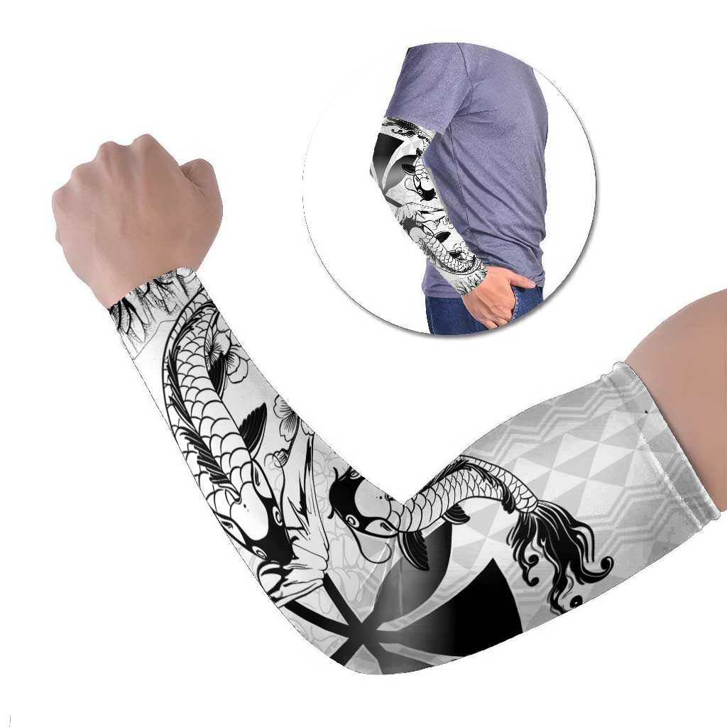 Japan And Hawaii Arm Sleeves Sakura Koi Fish Hawaiian Lei Kanaka LT14 Set of 2 White - Polynesian Pride