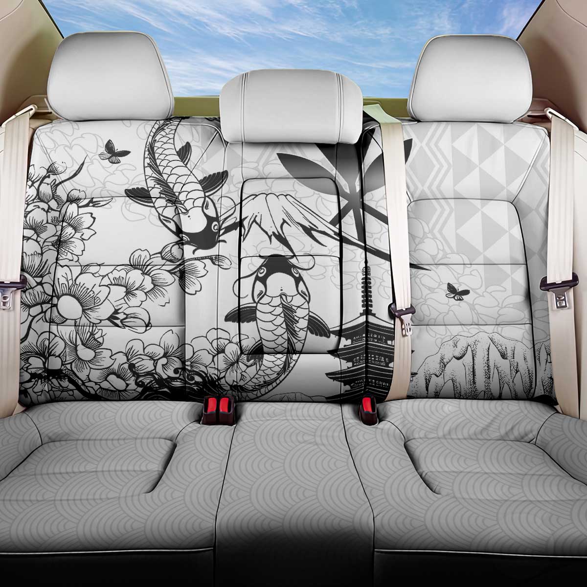 Japan And Hawaii Back Car Seat Cover Sakura Koi Fish Hawaiian Lei Kanaka LT14 One Size White - Polynesian Pride