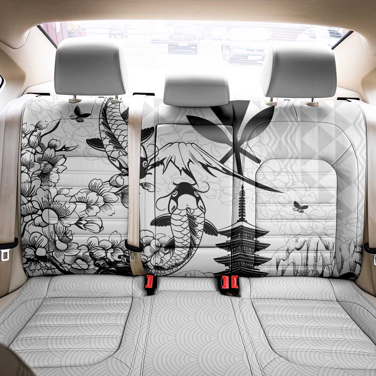 Japan And Hawaii Back Car Seat Cover Sakura Koi Fish Hawaiian Lei Kanaka LT14 - Polynesian Pride