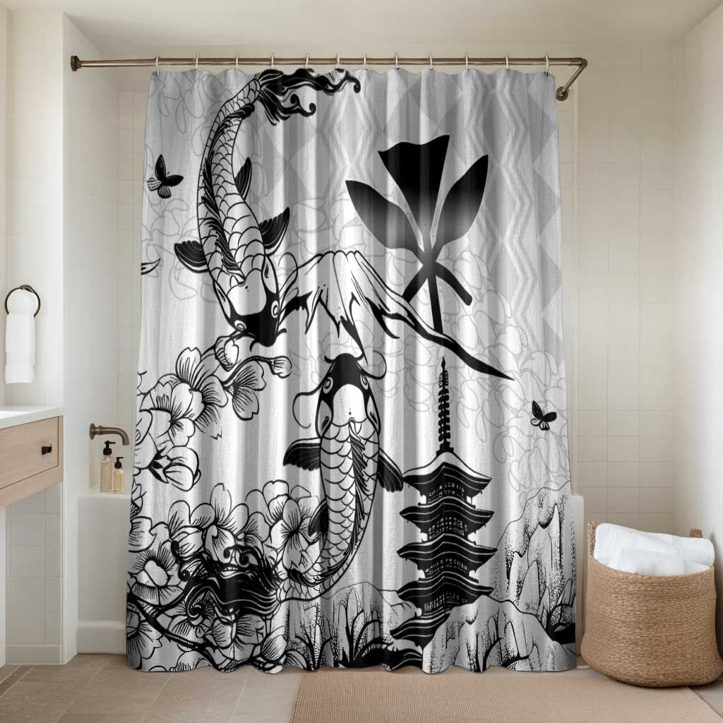 Japan And Hawaii Bathroom Set Sakura Koi Fish Hawaiian Lei Kanaka LT14 Shower Curtain Only White - Polynesian Pride