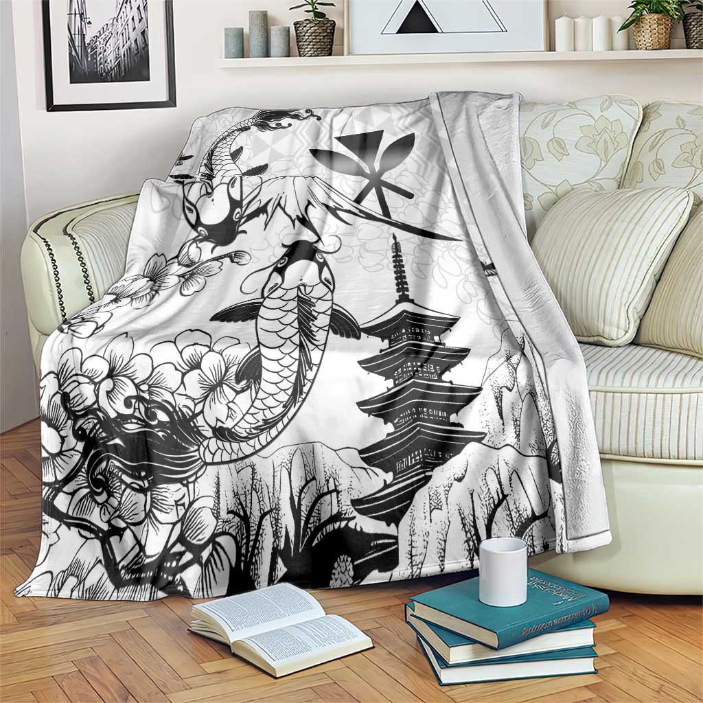 Japan And Hawaii Blanket Sakura Koi Fish Hawaiian Lei Kanaka LT14 White - Polynesian Pride