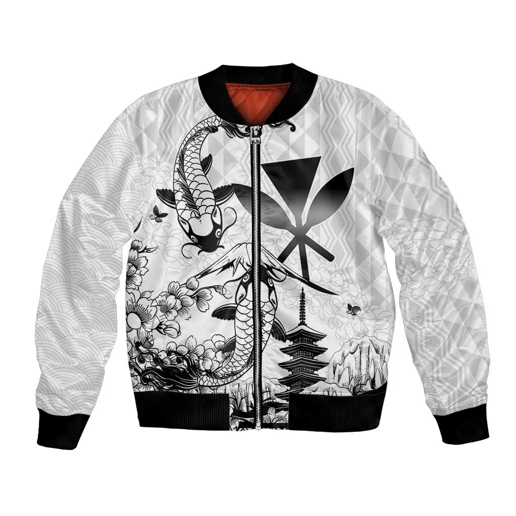 Japan And Hawaii Bomber Jacket Sakura Koi Fish Hawaiian Lei Kanaka LT14 Unisex White - Polynesian Pride