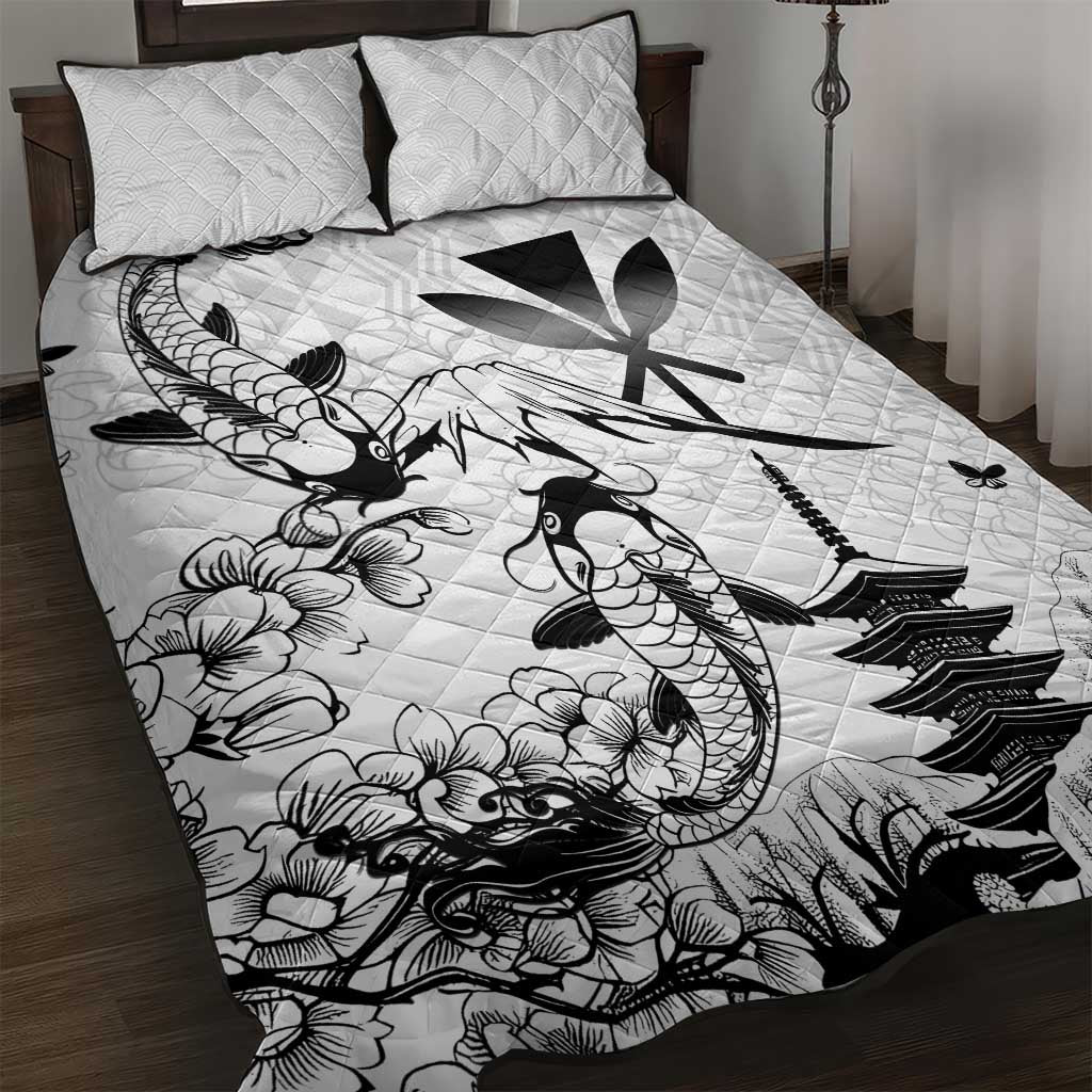 Japan And Hawaii Quilt Bed Set Sakura Koi Fish Hawaiian Lei Kanaka LT14 White - Polynesian Pride