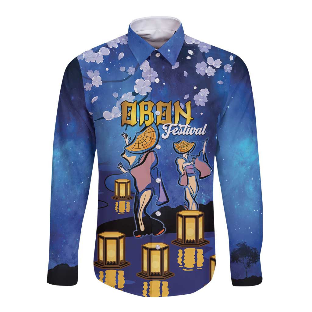 Japan Obon Festival Long Sleeve Button Shirt Sakura Lanterns With Bon Dance LT14 Unisex Blue - Polynesian Pride