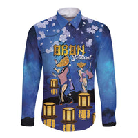 Japan Obon Festival Long Sleeve Button Shirt Sakura Lanterns With Bon Dance LT14 Unisex Blue - Polynesian Pride
