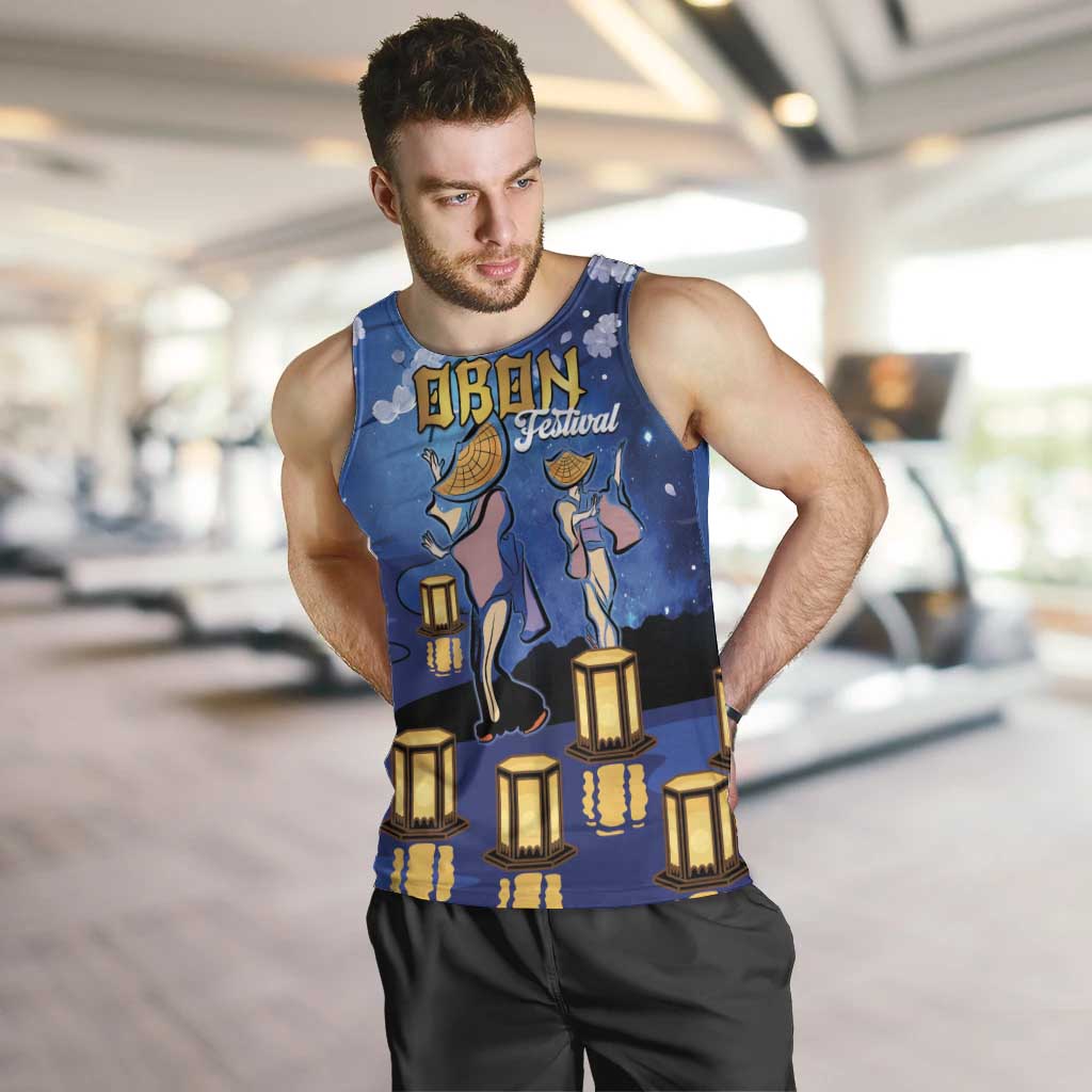 Japan Obon Festival Men Tank Top Sakura Lanterns With Bon Dance LT14 Blue - Polynesian Pride