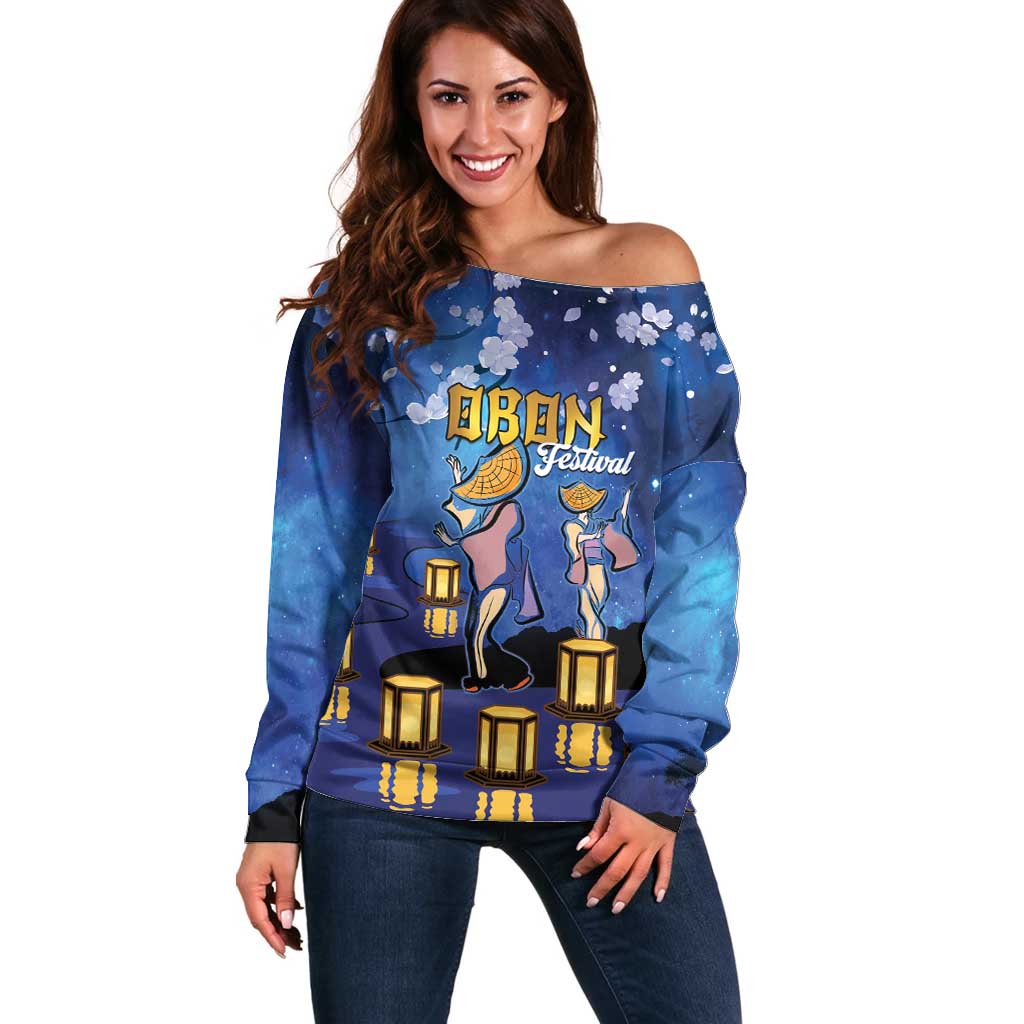 Japan Obon Festival Off Shoulder Sweater Sakura Lanterns With Bon Dance LT14 Women Blue - Polynesian Pride