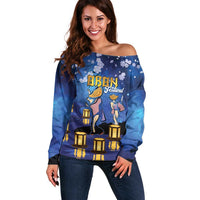Japan Obon Festival Off Shoulder Sweater Sakura Lanterns With Bon Dance LT14 Women Blue - Polynesian Pride