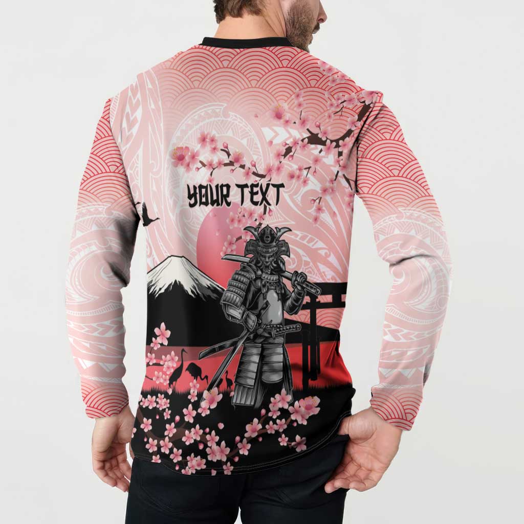 Personalised Japan Samurai Warrior Button Sweatshirt Japanese Cherry Blossom Polynesian Pattern LT14 - Polynesian Pride