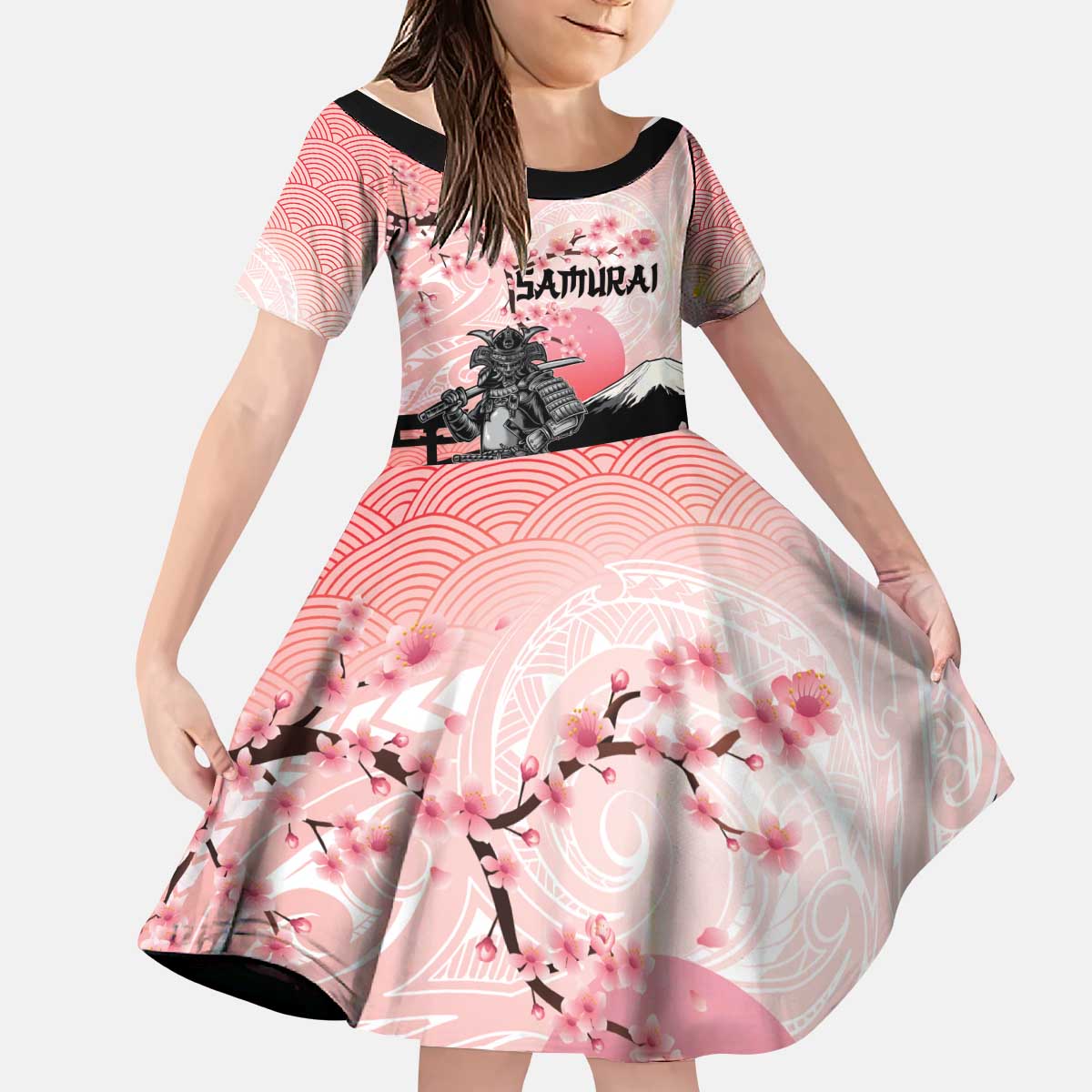 Personalised Japan Samurai Warrior Kid Short Sleeve Dress Japanese Cherry Blossom Polynesian Pattern LT14 KID Pink - Polynesian Pride