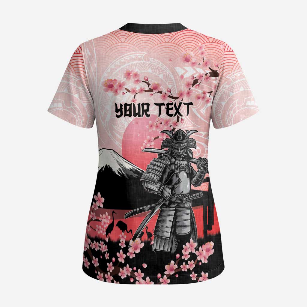 Personalised Japan Samurai Warrior Scrub Top Japanese Cherry Blossom Polynesian Pattern LT14 - Polynesian Pride