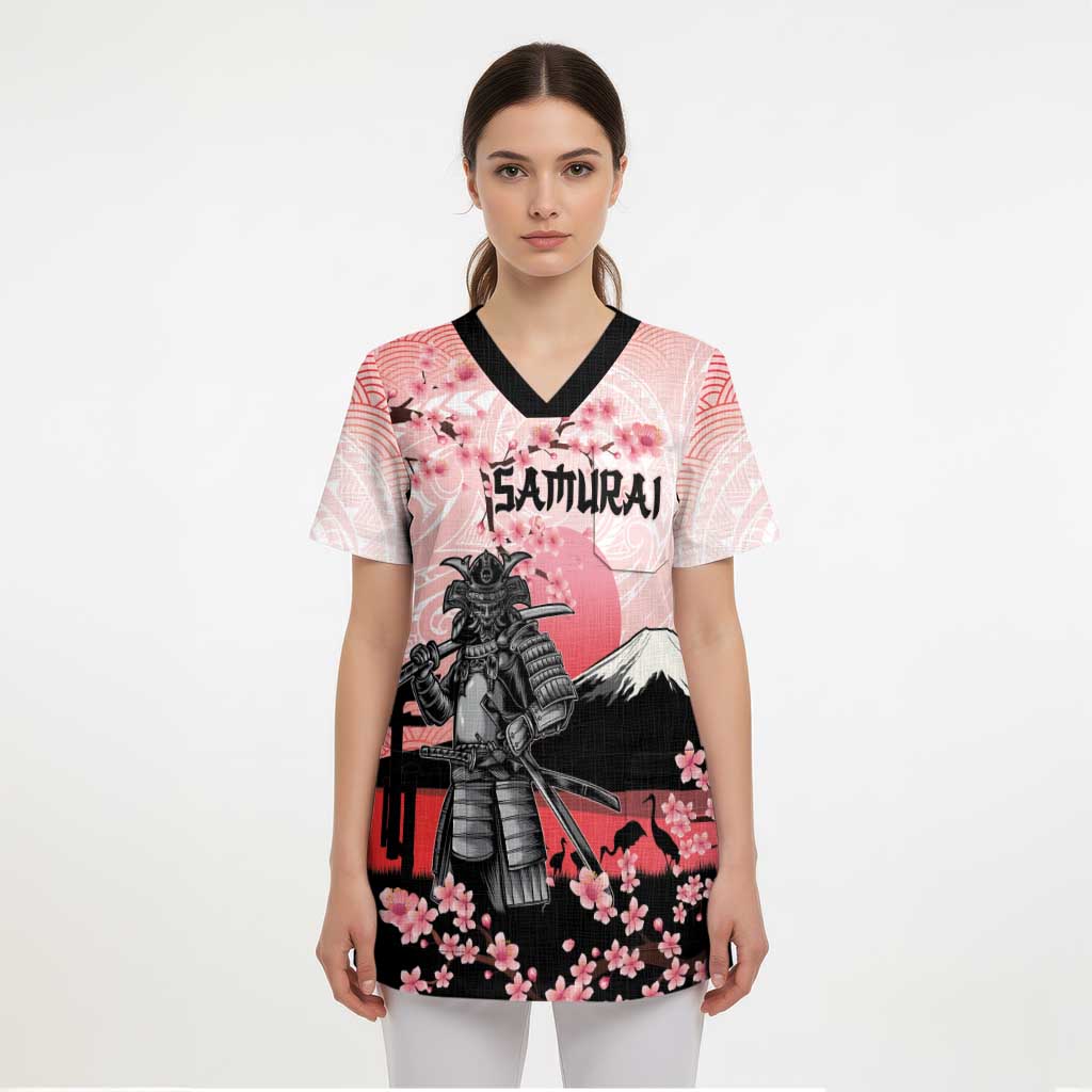 Personalised Japan Samurai Warrior Scrub Top Japanese Cherry Blossom Polynesian Pattern LT14 - Polynesian Pride