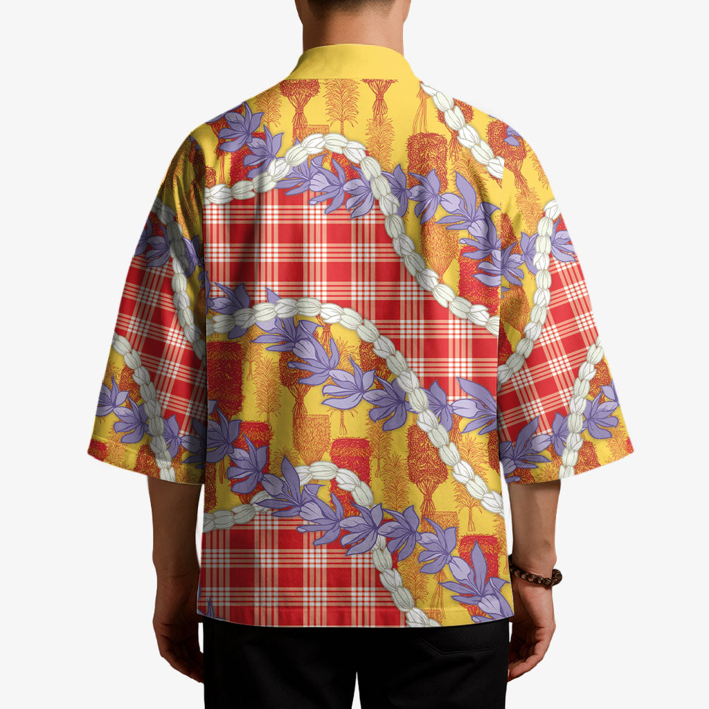 Hawaii Kahili Palaka Motifs Kimono Hawaiian Honohono Pikake Lei LT14 - Polynesian Pride