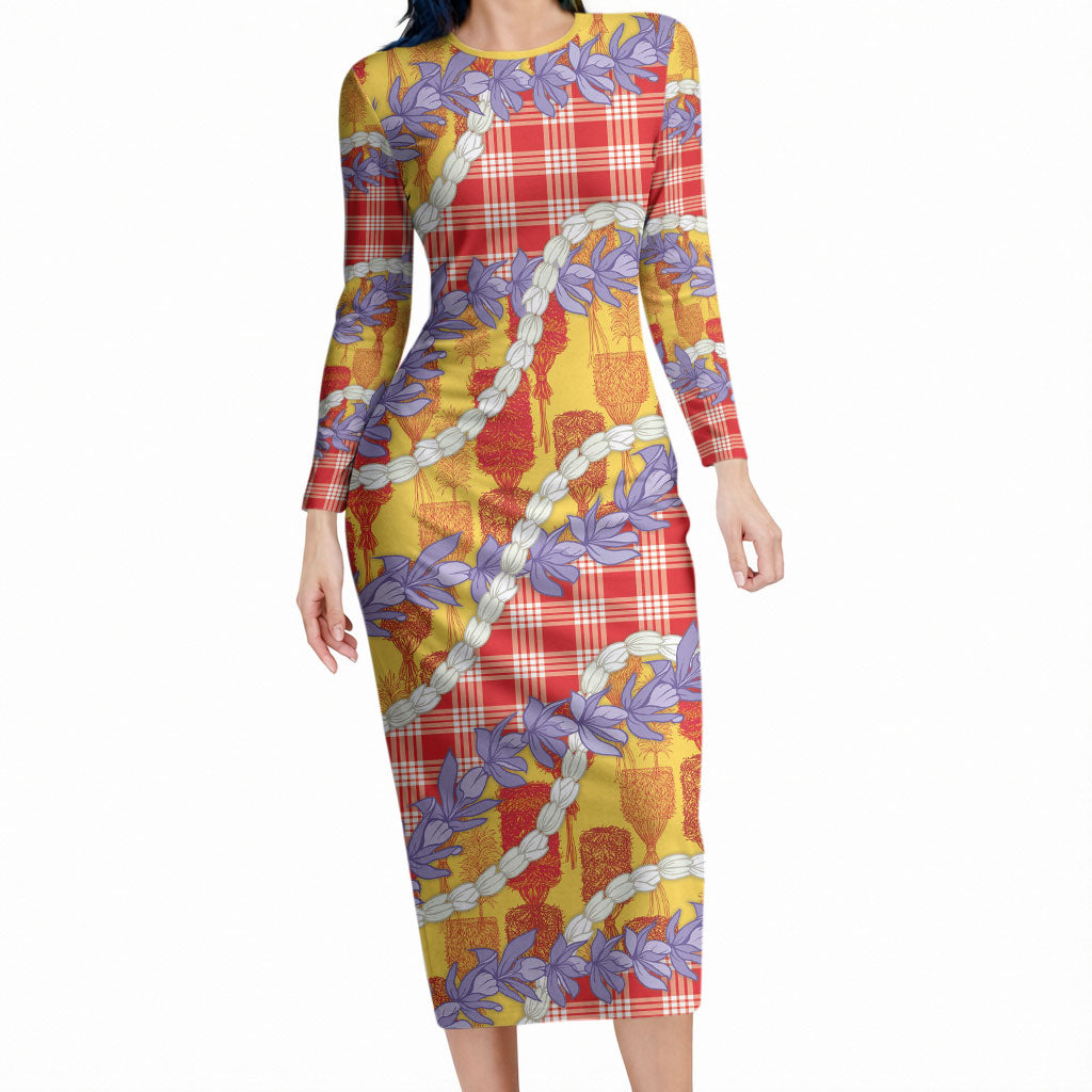 Hawaii Kahili Palaka Motifs Long Sleeve Bodycon Dress Hawaiian Honohono Pikake Lei LT14 Long Dress Red - Polynesian Pride