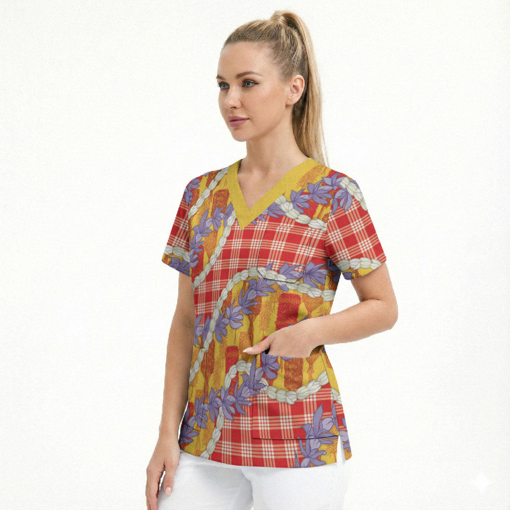 Hawaii Kahili Palaka Motifs Scrub Top Hawaiian Honohono Pikake Lei LT14 - Polynesian Pride