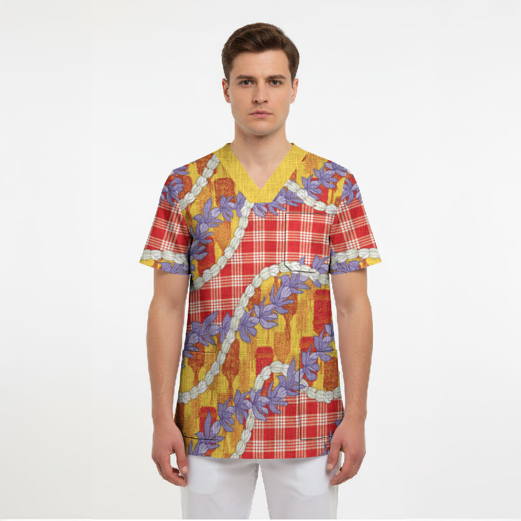 Hawaii Kahili Palaka Motifs Scrub Top Hawaiian Honohono Pikake Lei LT14 - Polynesian Pride