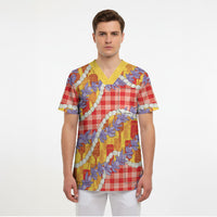 Hawaii Kahili Palaka Motifs Scrub Top Hawaiian Honohono Pikake Lei LT14 - Polynesian Pride