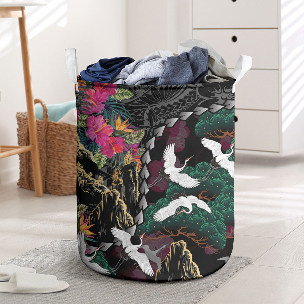 Hawaiian and Japanese Culture Laundry Basket Crane Sakura Hibiscus Tropical Vibes LT14 Black - Polynesian Pride