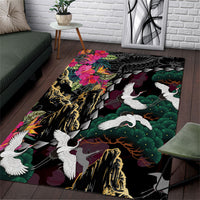 Hawaiian and Japanese Culture Area Rug Crane Sakura Hibiscus Tropical Vibes LT14 Black - Polynesian Pride