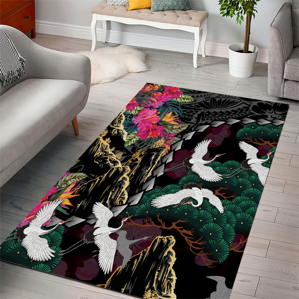 Hawaiian and Japanese Culture Area Rug Crane Sakura Hibiscus Tropical Vibes LT14 - Polynesian Pride