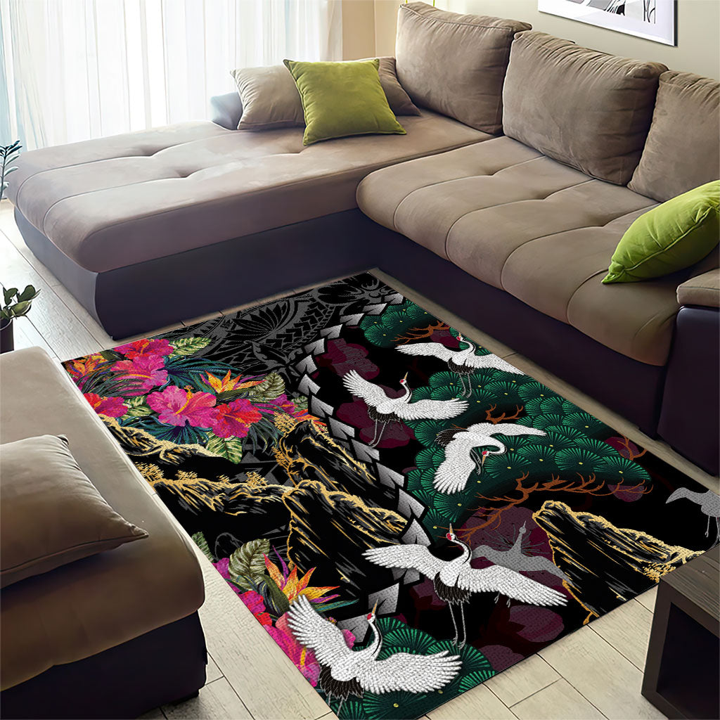 Hawaiian and Japanese Culture Area Rug Crane Sakura Hibiscus Tropical Vibes LT14 - Polynesian Pride