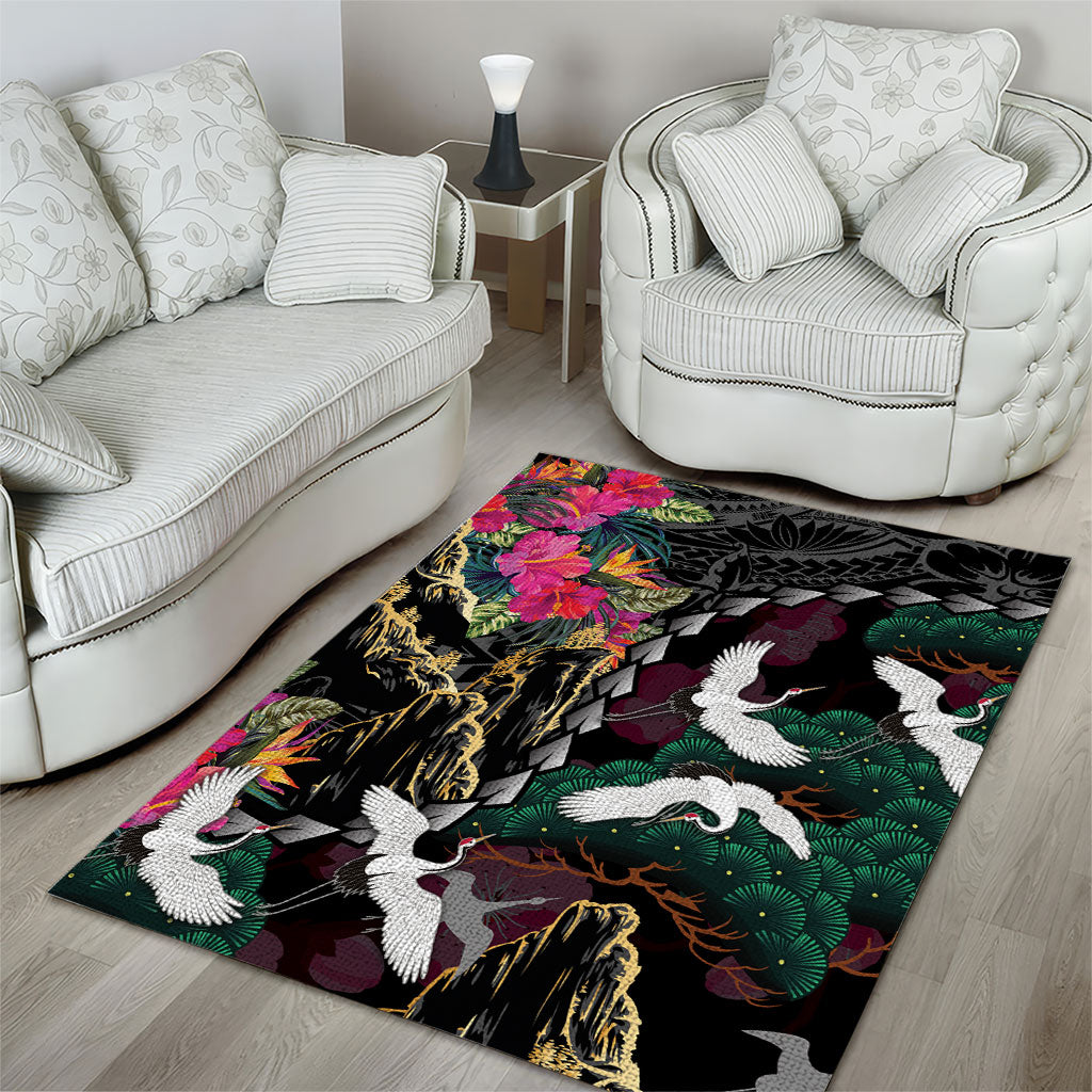 Hawaiian and Japanese Culture Area Rug Crane Sakura Hibiscus Tropical Vibes LT14 - Polynesian Pride