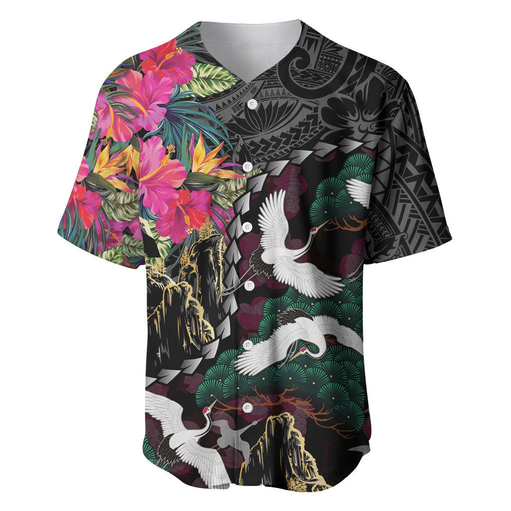 Hawaiian and Japanese Culture Baseball Jersey Crane Sakura Hibiscus Tropical Vibes LT14 Black - Polynesian Pride