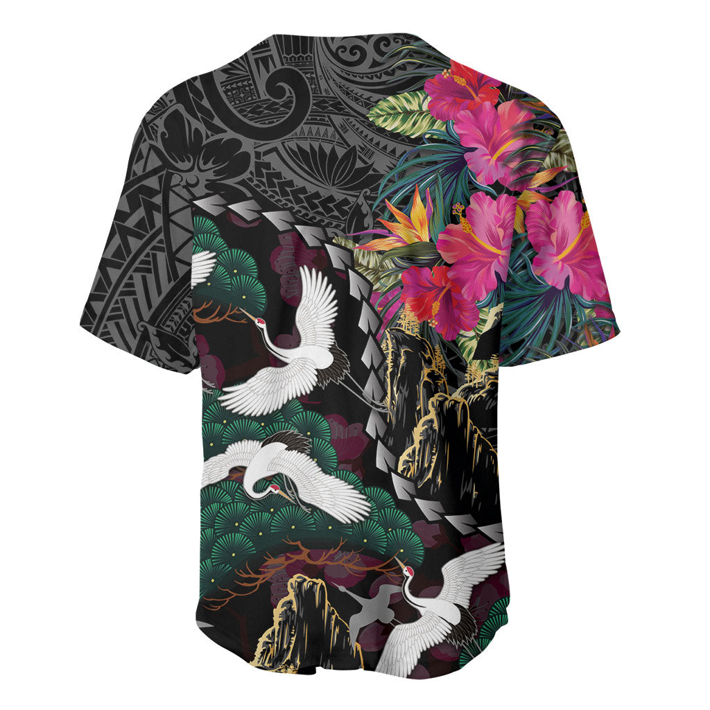 Hawaiian and Japanese Culture Baseball Jersey Crane Sakura Hibiscus Tropical Vibes LT14 - Polynesian Pride