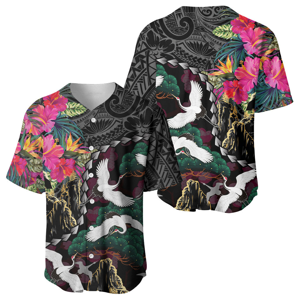 Hawaiian and Japanese Culture Baseball Jersey Crane Sakura Hibiscus Tropical Vibes LT14 - Polynesian Pride