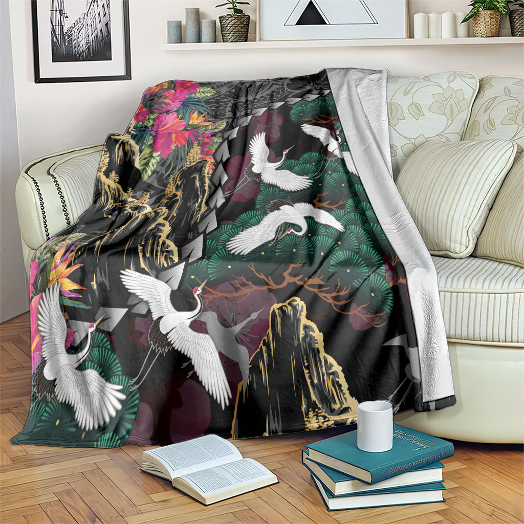 Hawaiian and Japanese Culture Blanket Crane Sakura Hibiscus Tropical Vibes LT14 Black - Polynesian Pride