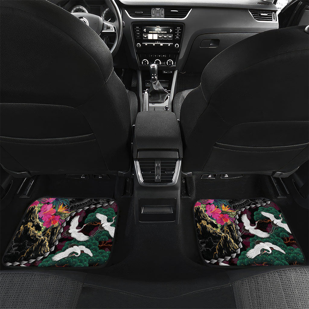 Hawaiian and Japanese Culture Car Mats Crane Sakura Hibiscus Tropical Vibes LT14 Set 2pcs - Back Black - Polynesian Pride