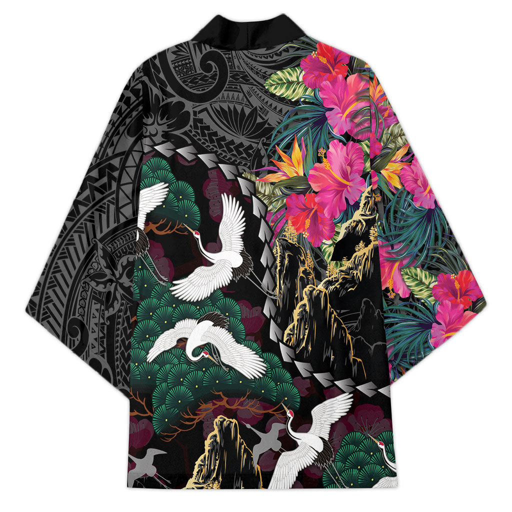 Hawaiian and Japanese Culture Kimono Crane Sakura Hibiscus Tropical Vibes LT14 - Polynesian Pride
