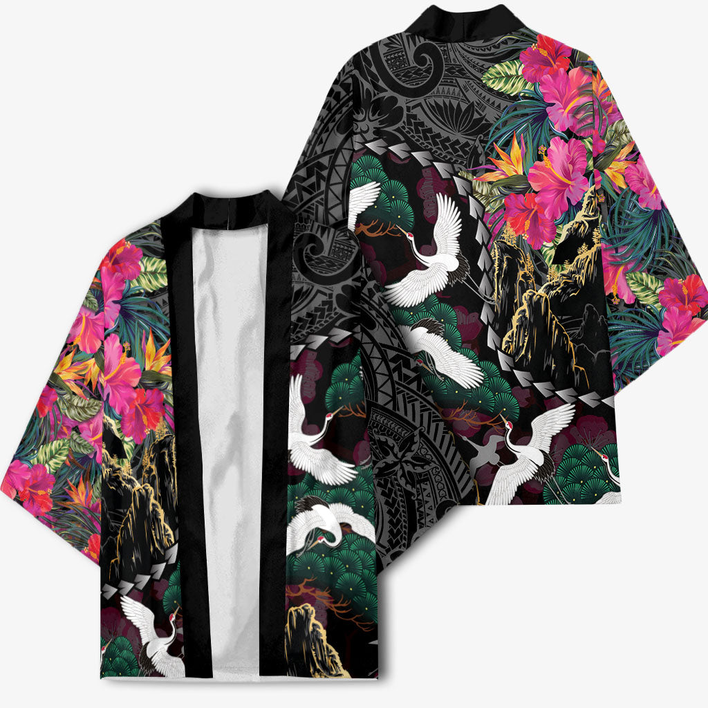 Hawaiian and Japanese Culture Kimono Crane Sakura Hibiscus Tropical Vibes LT14 - Polynesian Pride