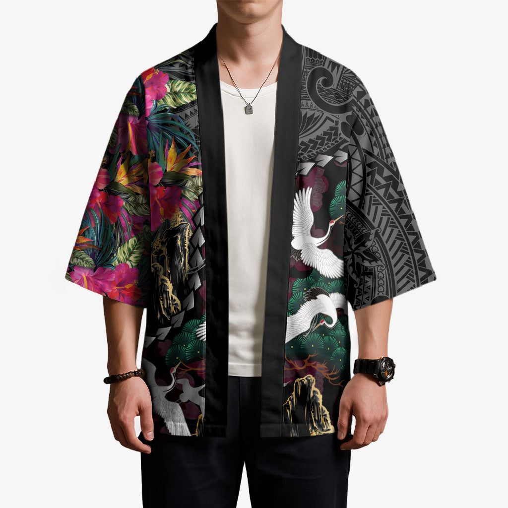 Hawaiian and Japanese Culture Kimono Crane Sakura Hibiscus Tropical Vibes LT14 - Polynesian Pride