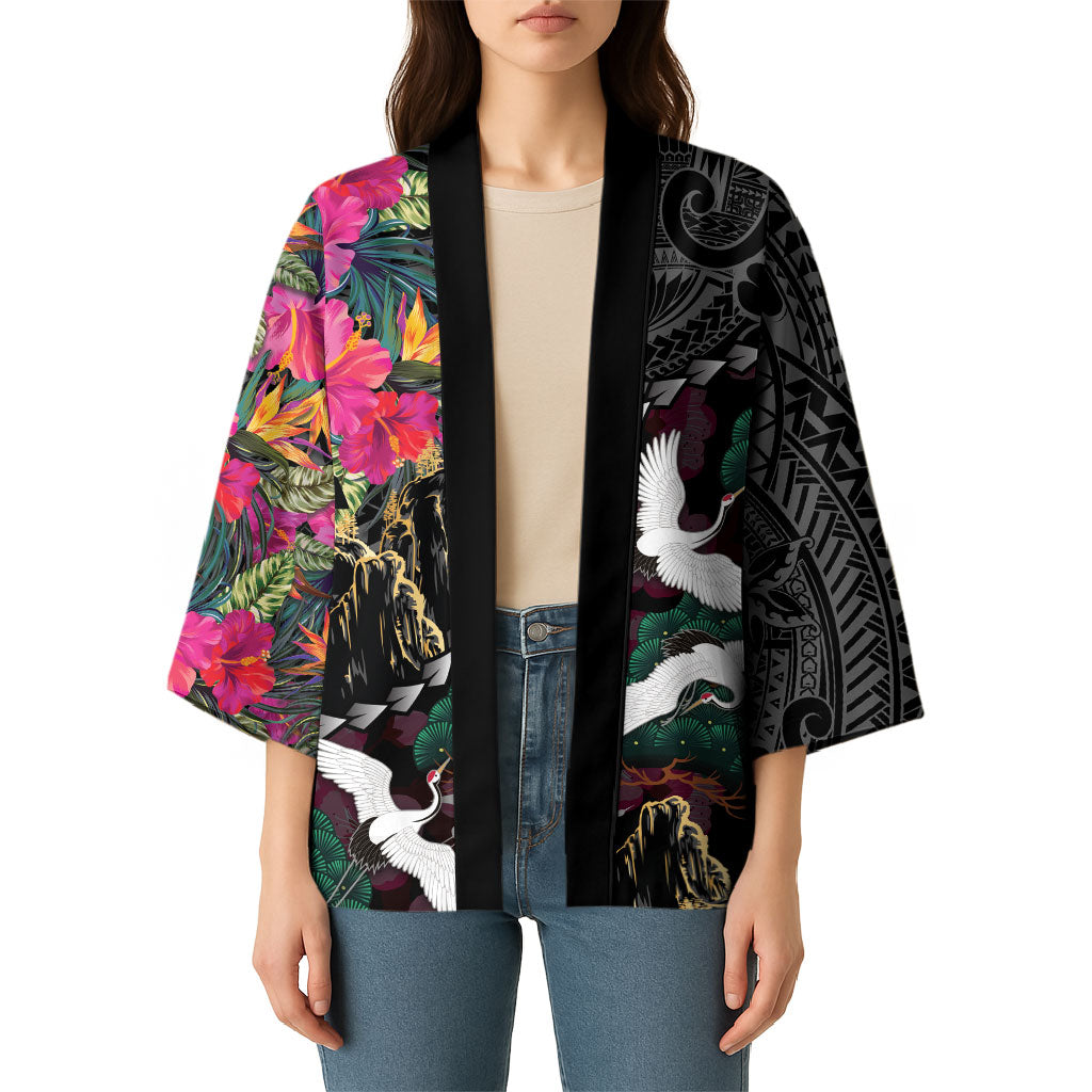 Hawaiian and Japanese Culture Kimono Crane Sakura Hibiscus Tropical Vibes LT14 - Polynesian Pride
