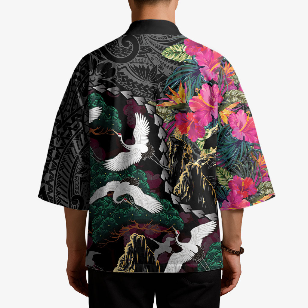 Hawaiian and Japanese Culture Kimono Crane Sakura Hibiscus Tropical Vibes LT14 - Polynesian Pride