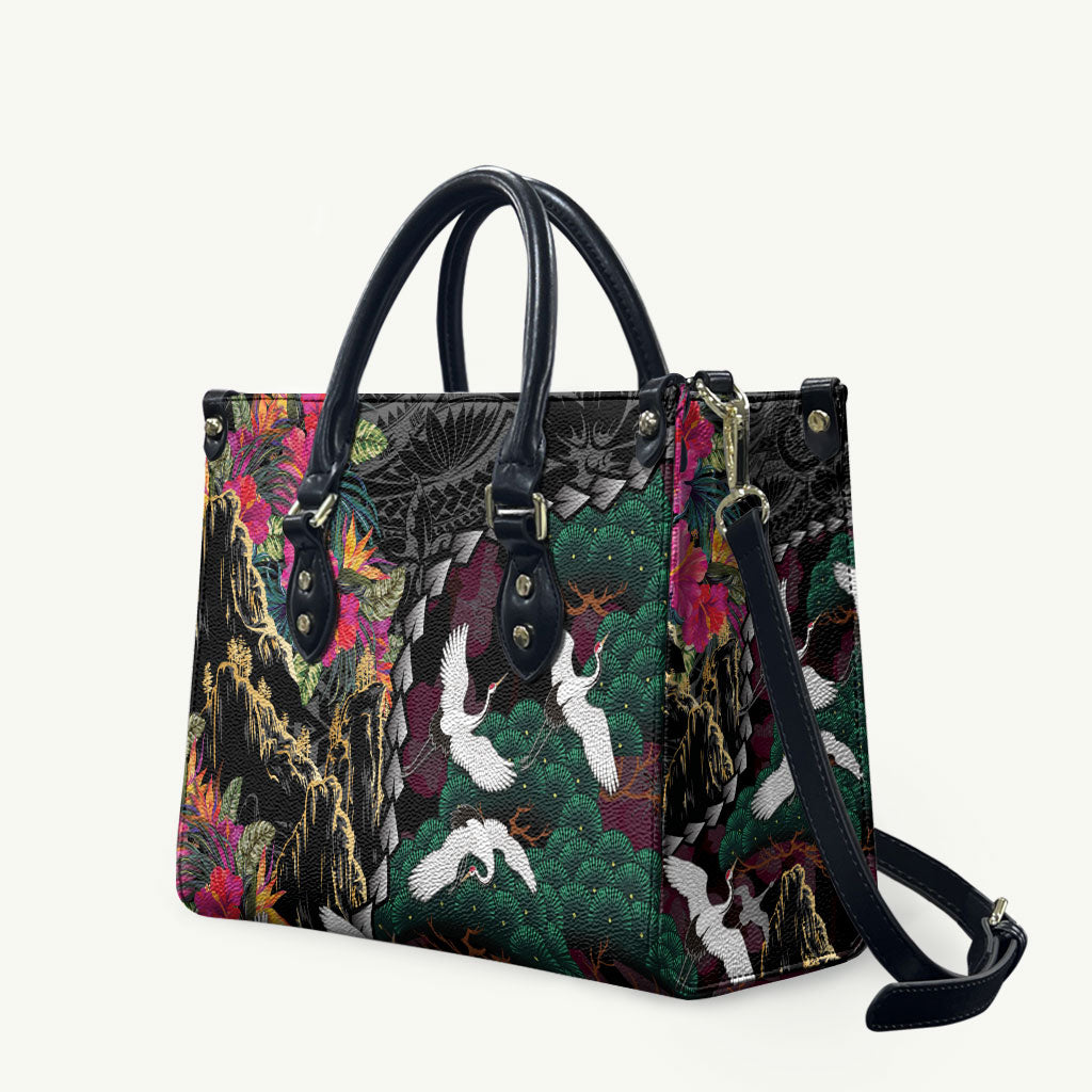 Hawaiian and Japanese Culture Leather Bag Crane Sakura Hibiscus Tropical Vibes LT14 Black - Polynesian Pride