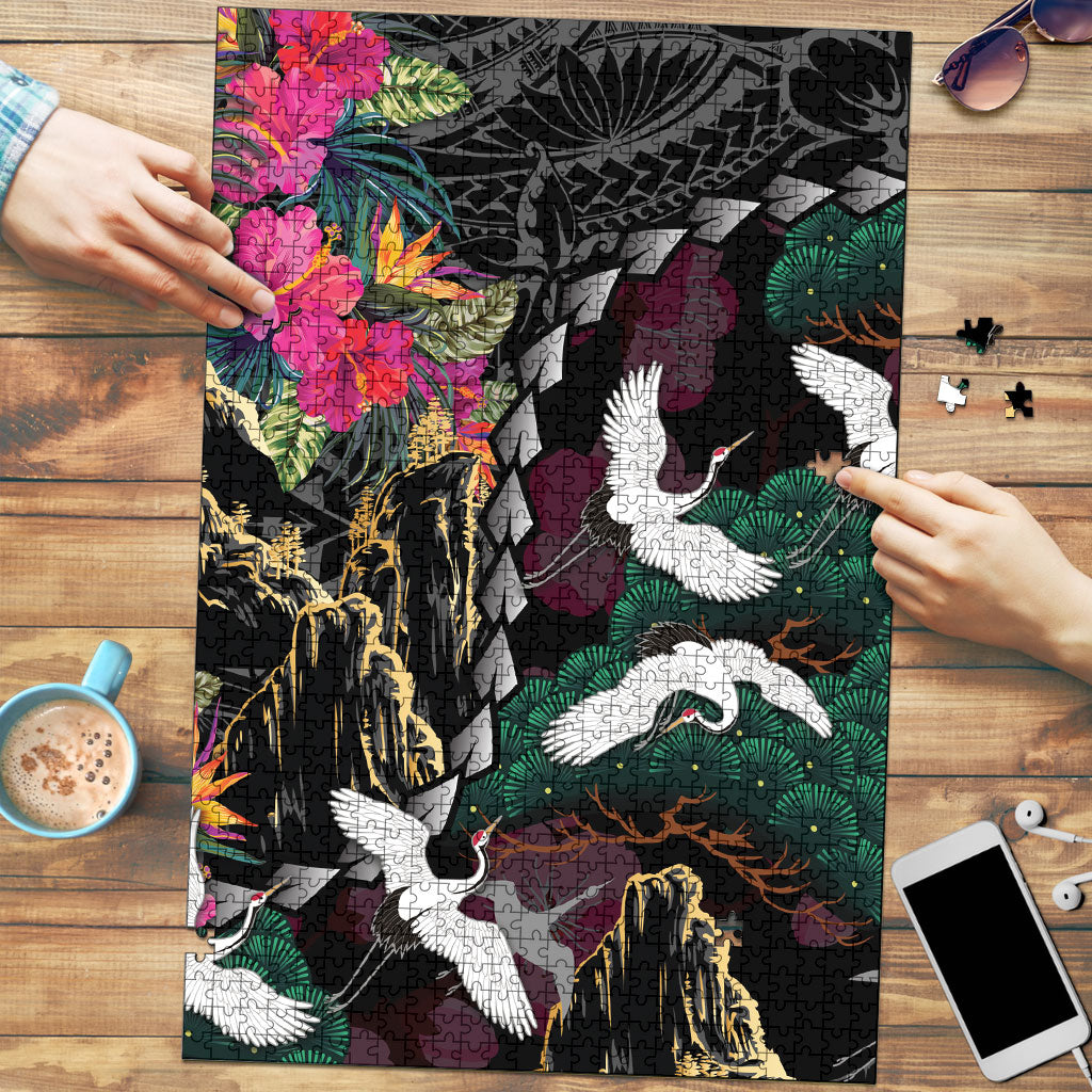 Hawaiian and Japanese Culture Puzzle Crane Sakura Hibiscus Tropical Vibes LT14 Black - Polynesian Pride