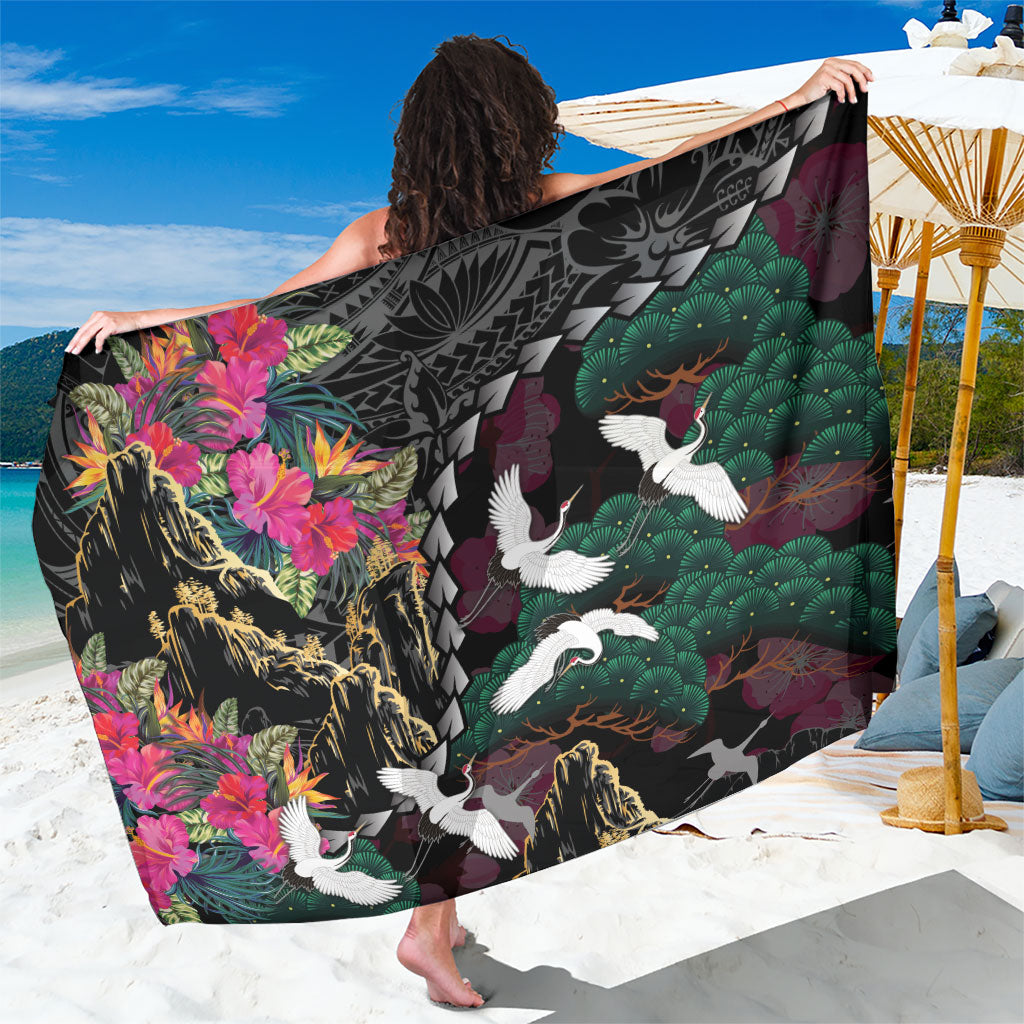 Hawaiian and Japanese Culture Sarong Crane Sakura Hibiscus Tropical Vibes LT14 One Size 44 x 66 inches Black - Polynesian Pride
