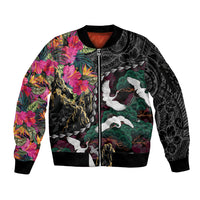 Hawaiian and Japanese Culture Sleeve Zip Bomber Jacket Crane Sakura Hibiscus Tropical Vibes LT14 Unisex Black - Polynesian Pride