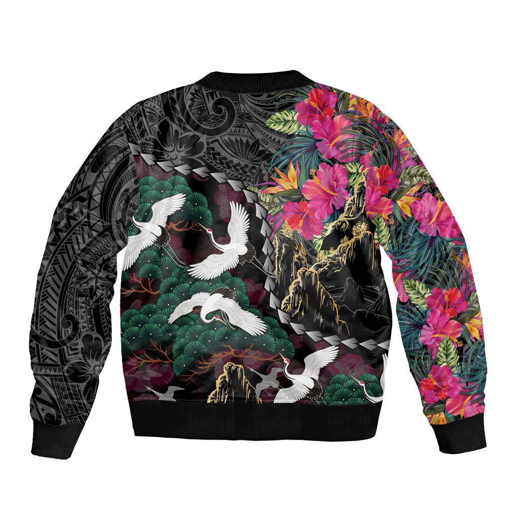 Hawaiian and Japanese Culture Sleeve Zip Bomber Jacket Crane Sakura Hibiscus Tropical Vibes LT14 - Polynesian Pride