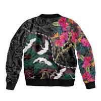 Hawaiian and Japanese Culture Sleeve Zip Bomber Jacket Crane Sakura Hibiscus Tropical Vibes LT14 - Polynesian Pride