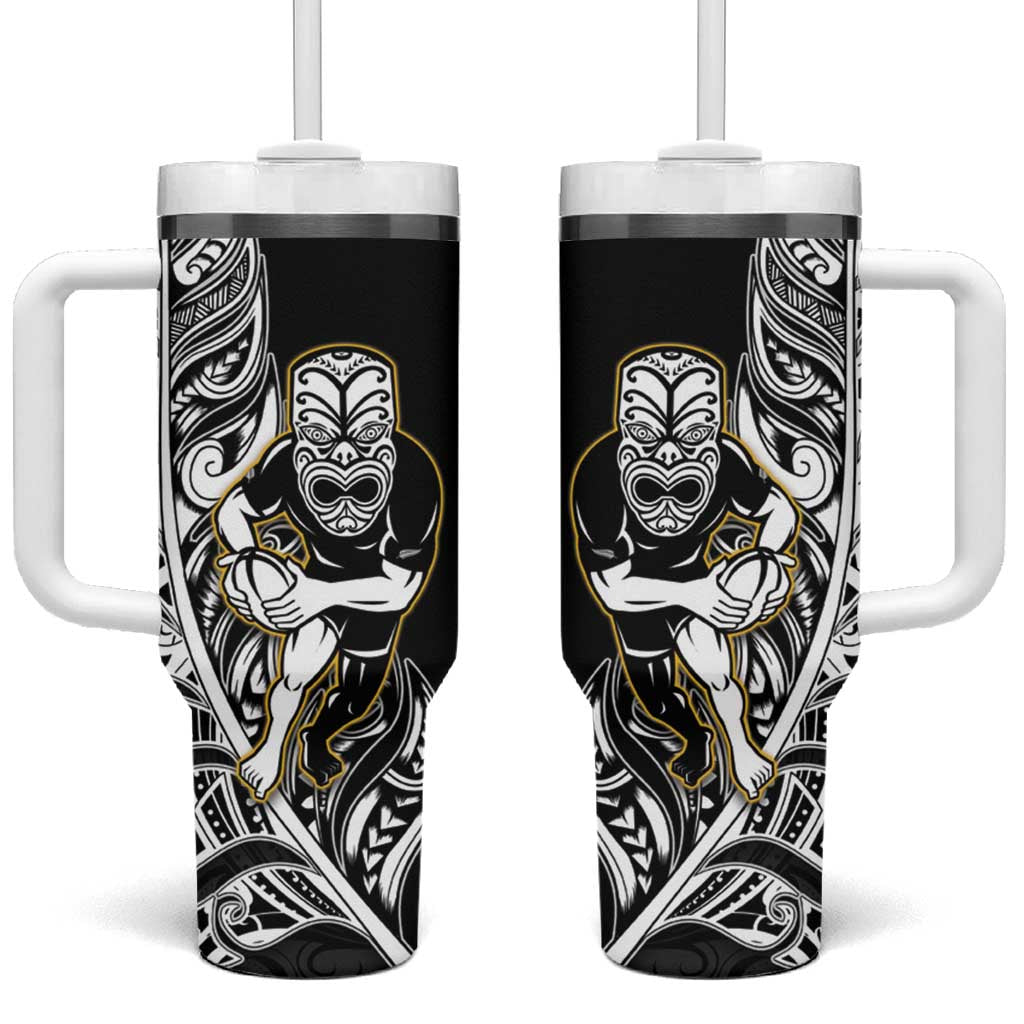 New Zealand Silver Fern Rugby Tumbler With Handle All Black Maori Version Black LT14 One Size: 40 oz Black - Polynesian Pride