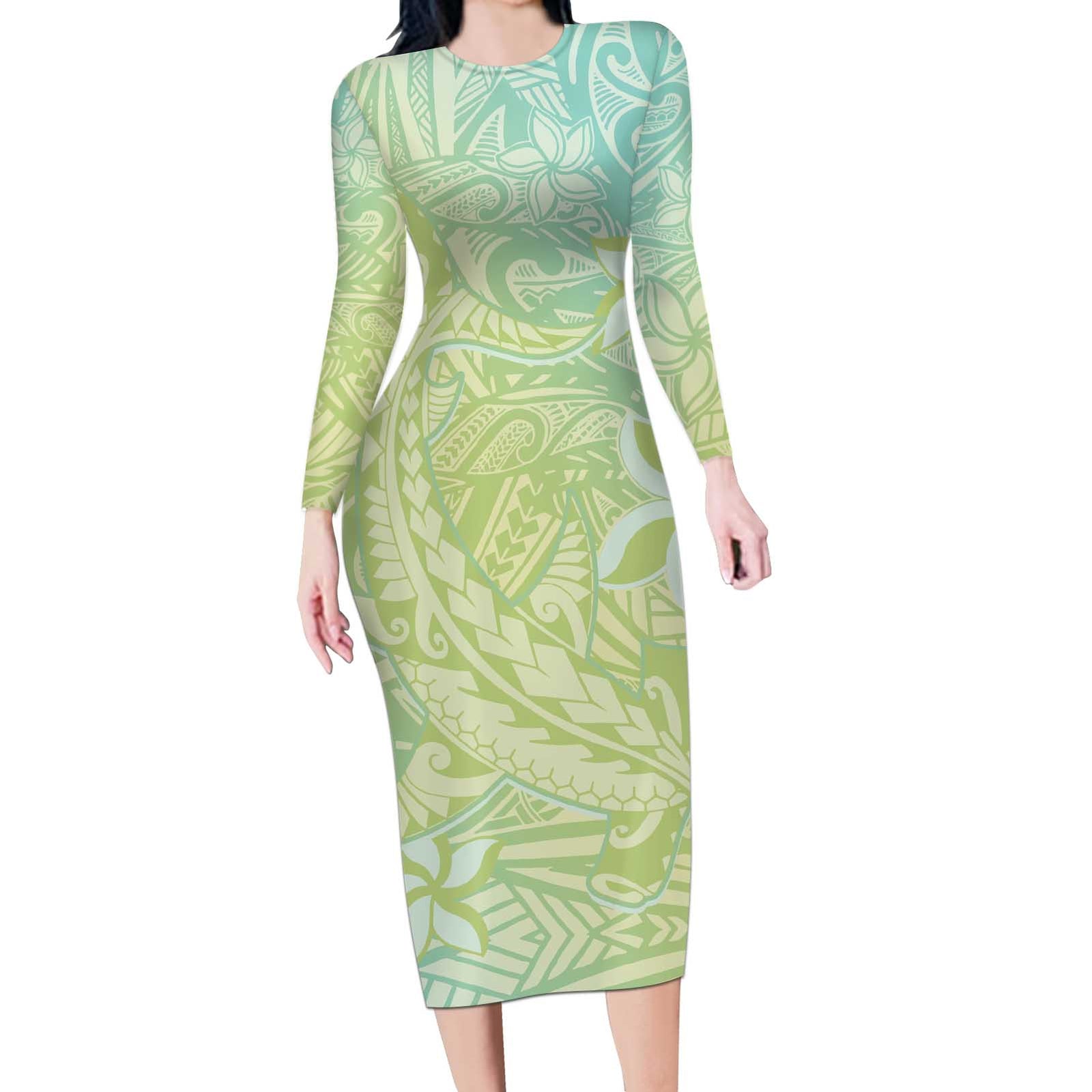 Baby Green Gradient Polynesia Long Sleeve Bodycon Dress Hawaiian Tribal Hammerhead Shark Tattoo LT14 Long Dress Baby Green - Polynesian Pride
