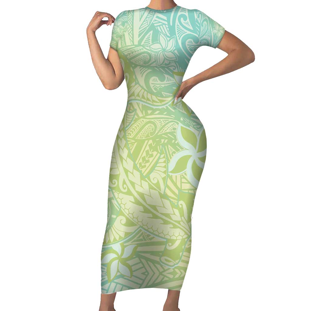 Baby Green Gradient Polynesia Short Sleeve Bodycon Dress Hawaiian Tribal Hammerhead Shark Tattoo LT14 Long Dress Baby Green - Polynesian Pride